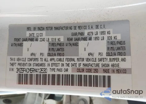 2024 Mazda Mazda3 2.5 S Preferred z USA, uszkodzony, nr VIN 3MZBPACM5RM412530